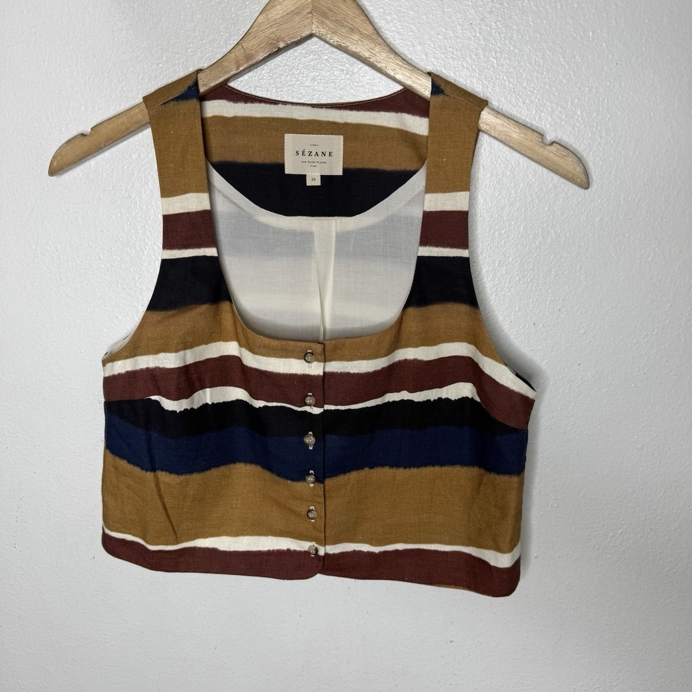 Sezane Sadio Top Blouse Midnight Stripe Sleeveless Button Front Size 36 US 4